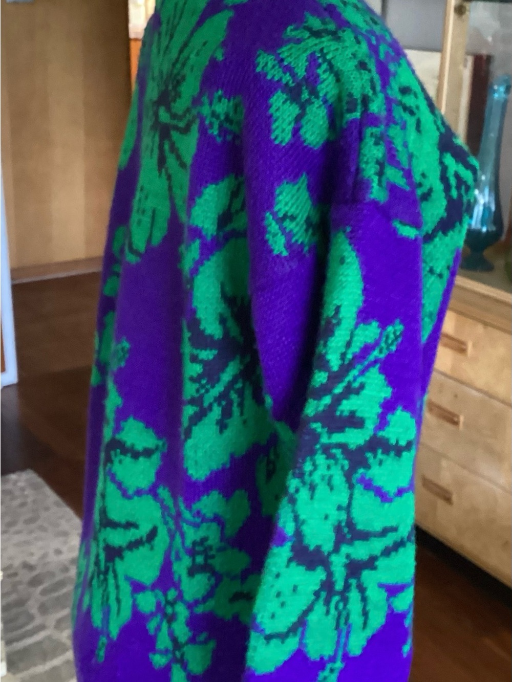 1980’s Esprit Purple Turtleneck Sweater with Green Floral Jacquard - Picture 2 of 8